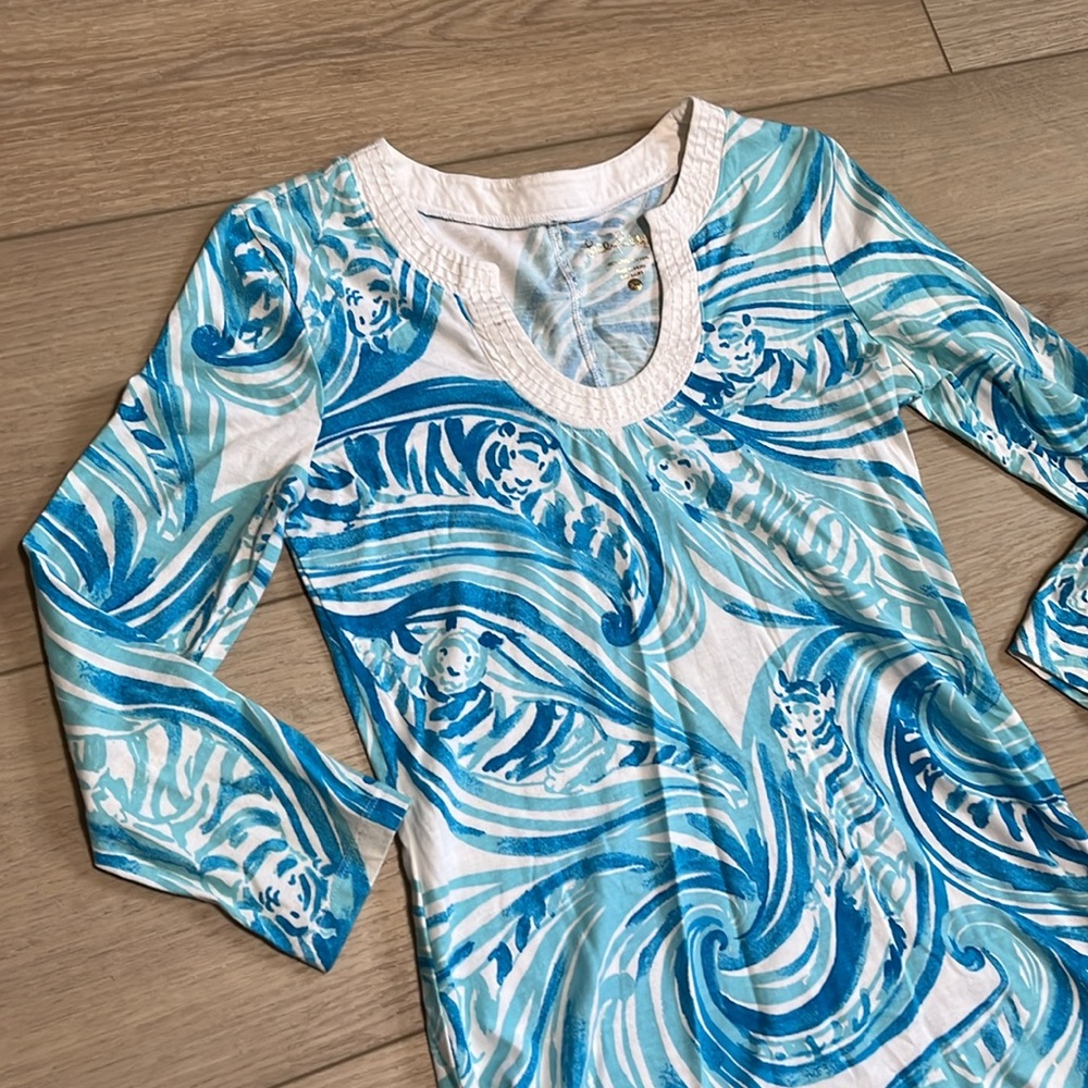 Lilly Pulitzer Marlina Sea Ruffles Dress Blue & White 3/4 Sleeve Size XS Pima Co - Picture 3 of 9